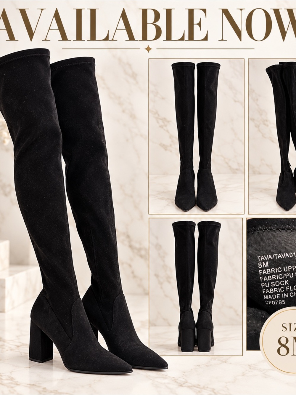 Boots Black Over-the-Knee Pointed Toe Block Heel Boots